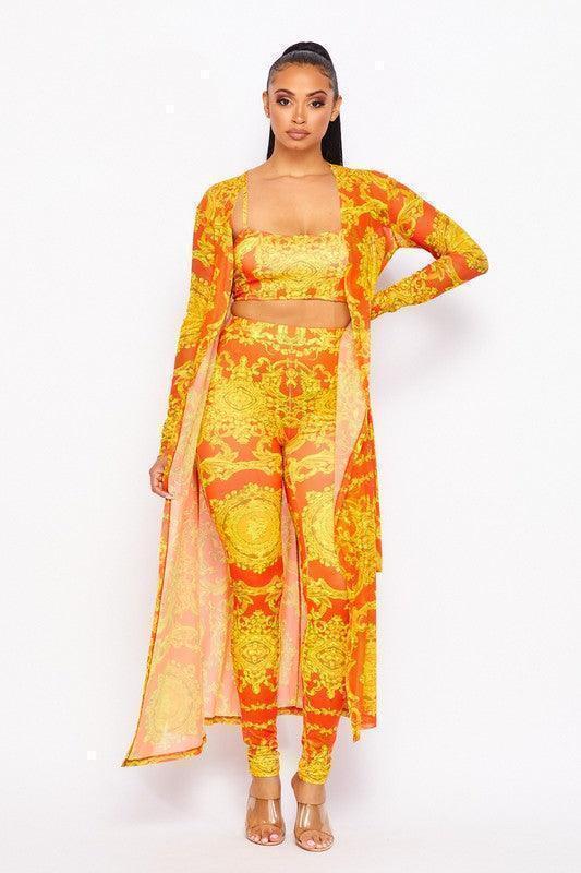 PRINTED BRA, LEGGINGS, AND CARDIGAN SET - PRIVILEGE 
