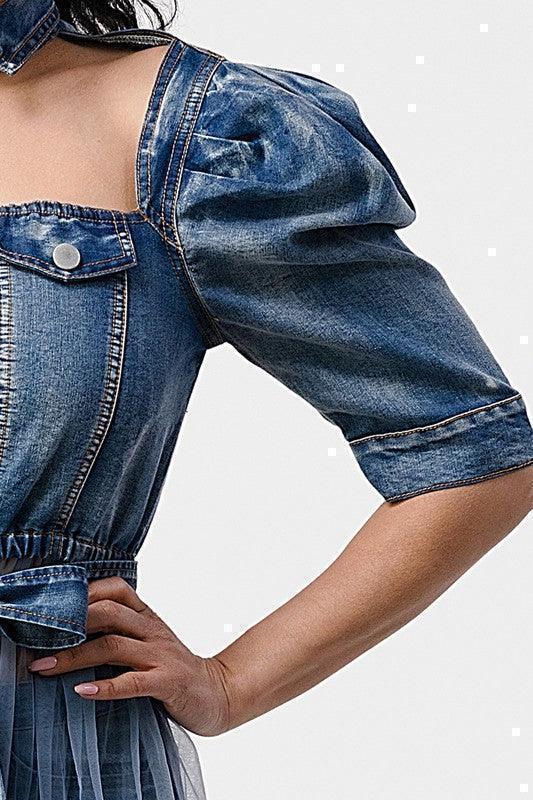 DENIM HALF JACKET WITH TULLE DETAIL - PRIVILEGE 