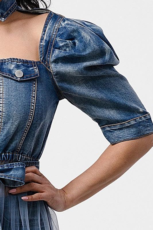 DENIM HALF JACKET WITH TULLE DETAIL - PRIVILEGE 