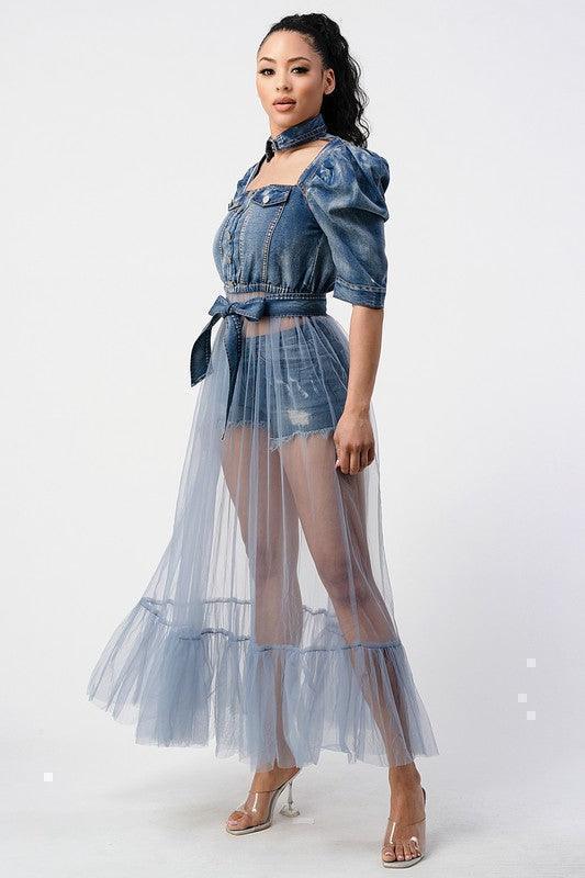 DENIM HALF JACKET WITH TULLE DETAIL - PRIVILEGE 