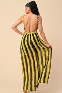 STRIPED LOW V-NECK MAXI DRESS - PRIVILEGE 