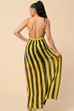 STRIPED LOW V-NECK MAXI DRESS - PRIVILEGE 