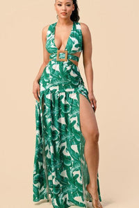 TROPICAL FEATHER PRINT SQUARE BUCKLE FRONT DETAIL - PRIVILEGE 