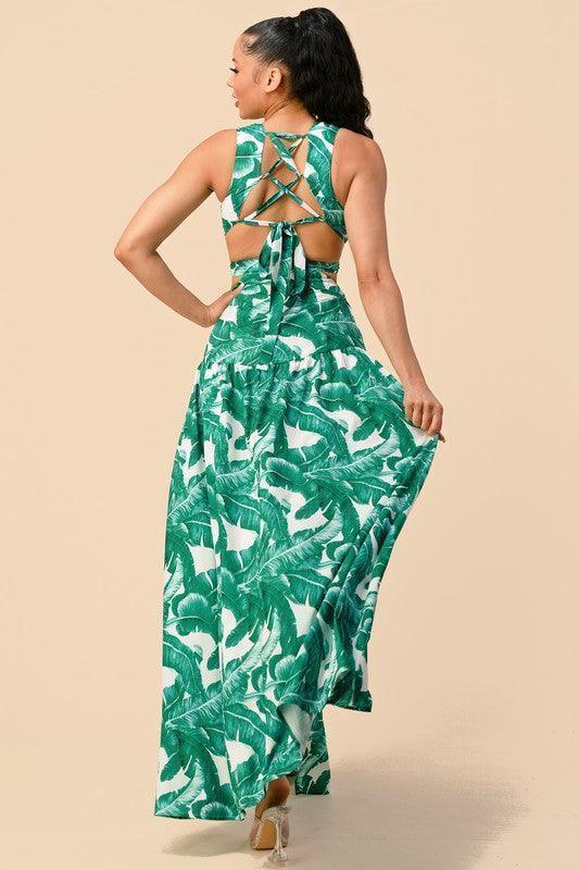 TROPICAL FEATHER PRINT SQUARE BUCKLE FRONT DETAIL - PRIVILEGE 