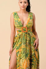 TROPICAL PRINT MAXI DRESS, SQUARE BUCKLE FRONT DETAIL, CRISS CROSS BACK TIE - PRIVILEGE 