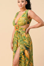 TROPICAL PRINT MAXI DRESS, SQUARE BUCKLE FRONT DETAIL, CRISS CROSS BACK TIE - PRIVILEGE 