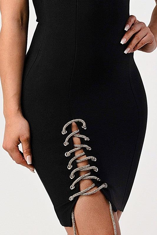 BANDAGE MINI DRESS WITH SILVER TRIM - PRIVILEGE 
