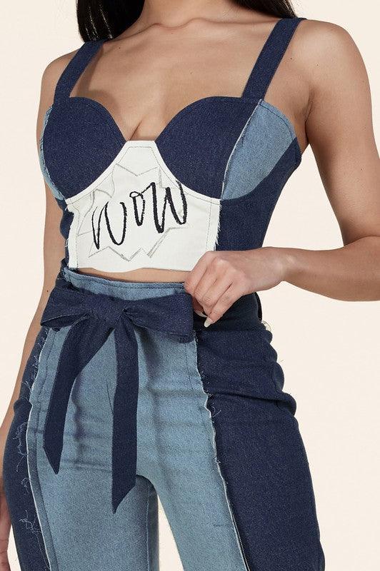 MUITI DENIM 2PCS BUSTIER CROP TOP AND PANT SET - PRIVILEGE 