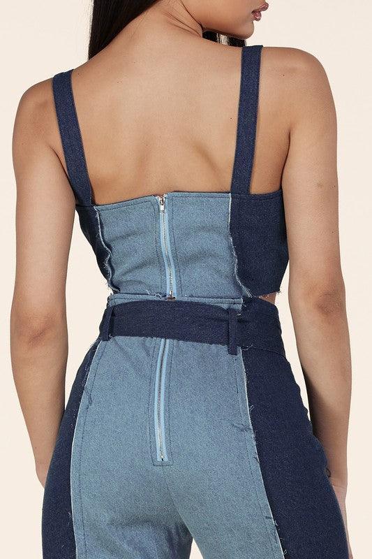 MUITI DENIM 2PCS BUSTIER CROP TOP AND PANT SET - PRIVILEGE 