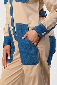 DENIM BLOCKED LONG SLEEVE JUMPSUIT - PRIVILEGE 
