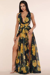 SULTRY BLACK AND YELLOW FLORAL MAXI DRESS - PRIVILEGE 