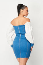 OFF THE SHOULDER DENIM MINI DRESS - PRIVILEGE 