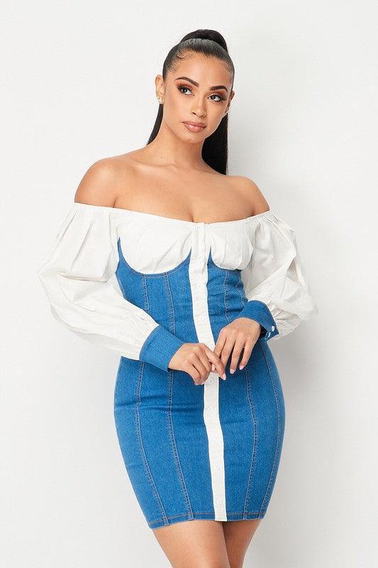 OFF THE SHOULDER DENIM MINI DRESS - PRIVILEGE 
