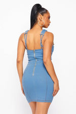 CHAIN STRAP MINI DENIM DRESS - PRIVILEGE 
