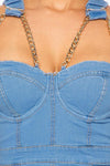 CHAIN STRAP MINI DENIM DRESS - PRIVILEGE 