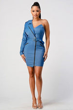 DENIM BELT ONE OFF SHOULDER DRESS - PRIVILEGE 
