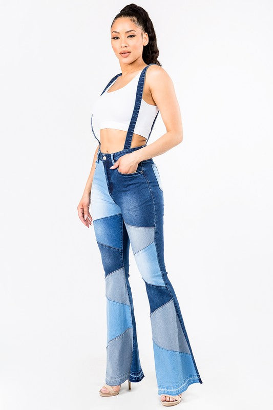 PATCHWORKED FLARE JEANS WITH SUSPENDERS - PRIVILEGE 