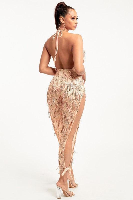Fringe sequin slit leg jumpsuit - PRIVILEGE 