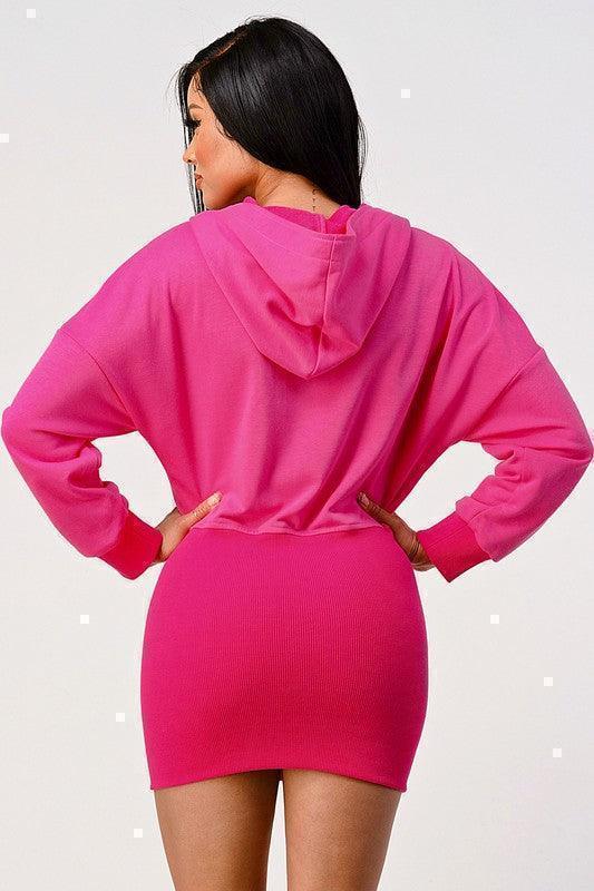 Casual zipper detail pink hoodie zip up dress - PRIVILEGE 