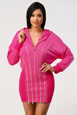Casual zipper detail pink hoodie zip up dress - PRIVILEGE 