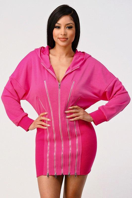 Casual zipper detail pink hoodie zip up dress - PRIVILEGE 