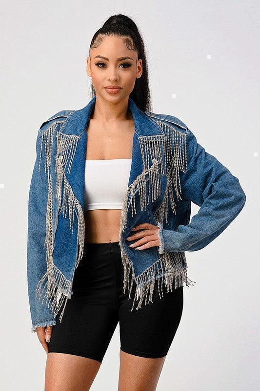 Rhinestone fringe denim jacket - PRIVILEGE 