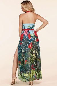 TROPICAL MAXI DRESS WITH BRAIDED RED DETAIL - PRIVILEGE 
