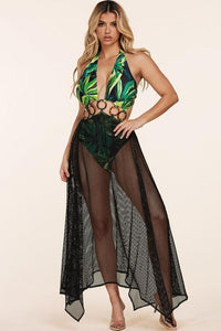 RESORT READY TROPICAL PRINT BODYSUIT WITH NET COVERING - PRIVILEGE 