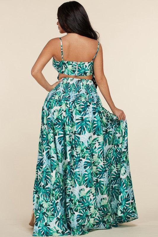 SMOCKED MAXI DRESS GREEN LEAF PRINT - PRIVILEGE 