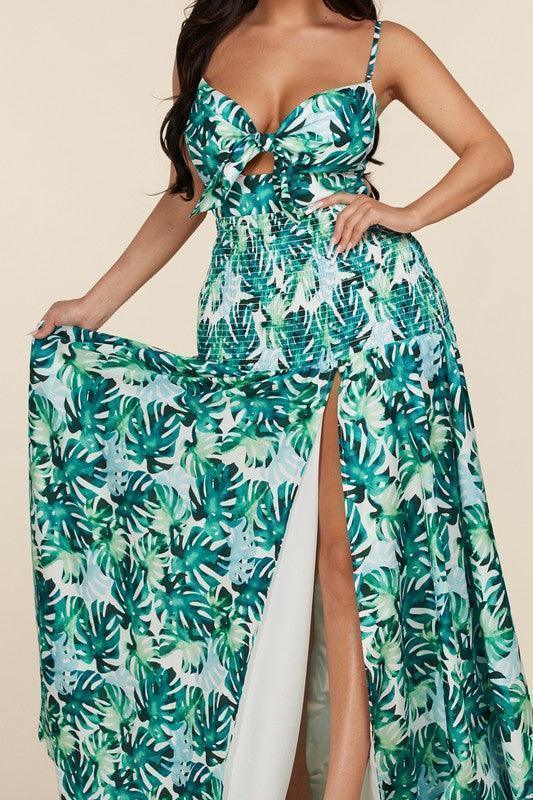 SMOCKED MAXI DRESS GREEN LEAF PRINT - PRIVILEGE 
