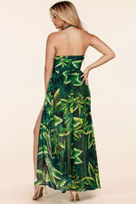SUMMER PRINT BRAIDED TRIM HALTER MAXI DRESS - PRIVILEGE 