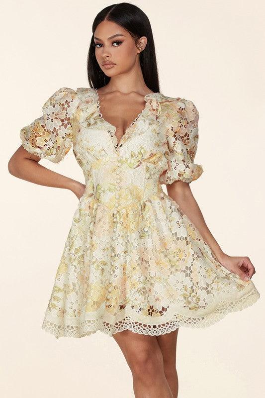 FLORAL CROCHETED LACE MINI DRESS - PRIVILEGE 
