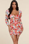 Ruched Spring Garden bodycon floral mini dress - PRIVILEGE 