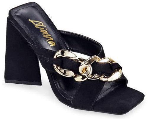 Slip On Chunky High Heel Dressy Sandal with chain detail - PRIVILEGE 