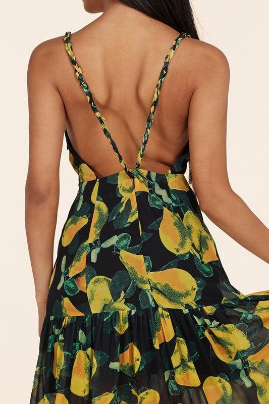Black maxi dress boasts yellow pear print - PRIVILEGE 