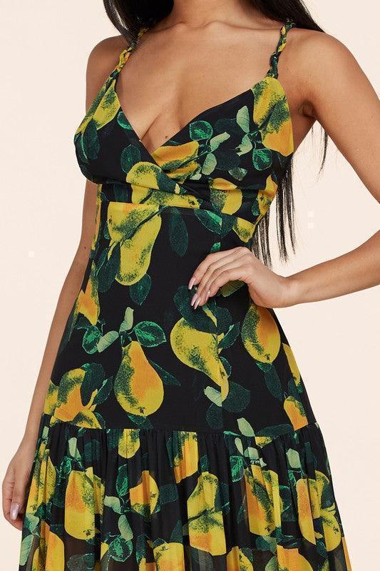 Black maxi dress boasts yellow pear print - PRIVILEGE 