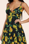 Black maxi dress boasts yellow pear print - PRIVILEGE 