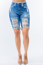HIGH WAIST FRAYED EDGE DENIM SHORTS - PRIVILEGE 