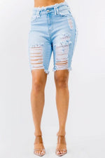 HIGH WAIST FRAYED EDGE DENIM SHORTS - PRIVILEGE 