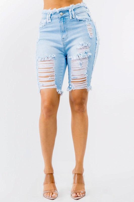 HIGH WAIST FRAYED EDGE DENIM SHORTS - PRIVILEGE 