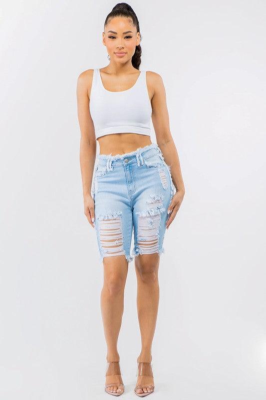 HIGH WAIST FRAYED EDGE DENIM SHORTS - PRIVILEGE 