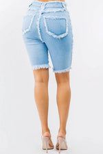 HIGH WAIST FRAYED EDGE DENIM SHORTS - PRIVILEGE 