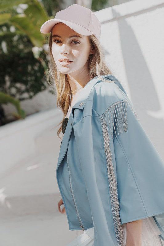 Faux-Leather Moto Jacket with Rhinestone Fringe Back Detail - PRIVILEGE 