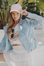 Faux-Leather Moto Jacket with Rhinestone Fringe Back Detail - PRIVILEGE 