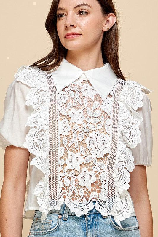 White crochet lace see through blouse, - PRIVILEGE 