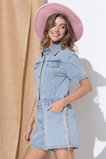 Washed Denim Short Sleeve Romper with Rhinestone Fringe at Side and Back Detail - PRIVILEGE 