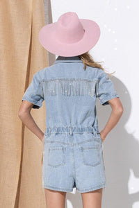 Washed Denim Short Sleeve Romper with Rhinestone Fringe at Side and Back Detail - PRIVILEGE 