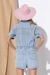 Washed Denim Short Sleeve Romper with Rhinestone Fringe at Side and Back Detail - PRIVILEGE 