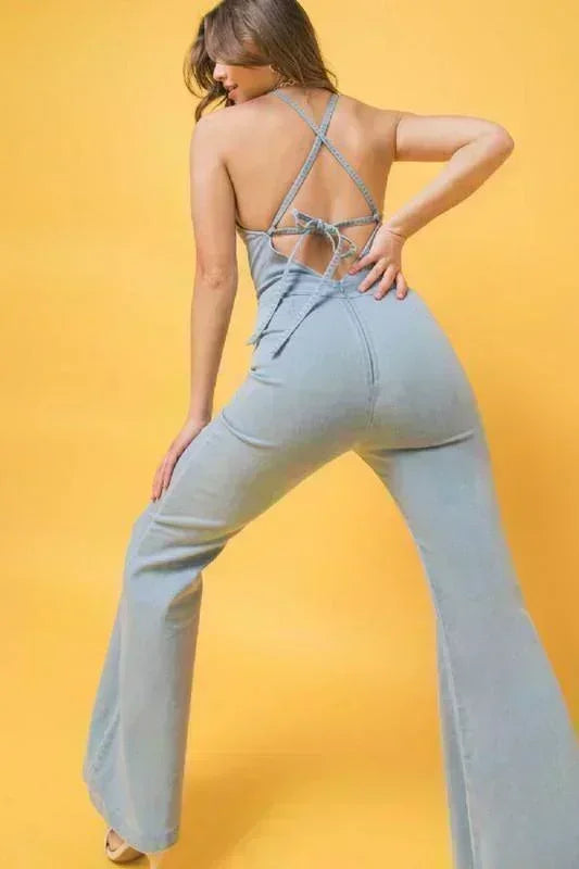 denim jumpsuit featuring halter neckline, flare pant - PRIVILEGE 
