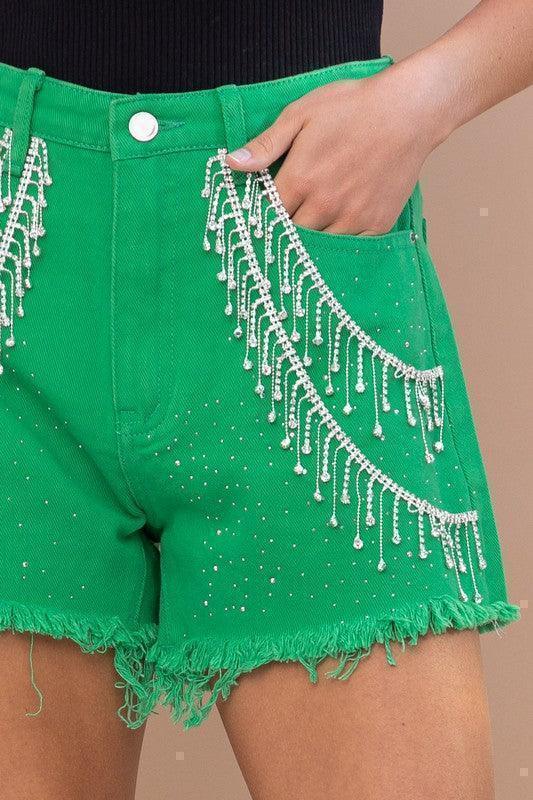 Sprinkle Gem Double Rhinestone Fringe Denim Short - PRIVILEGE 